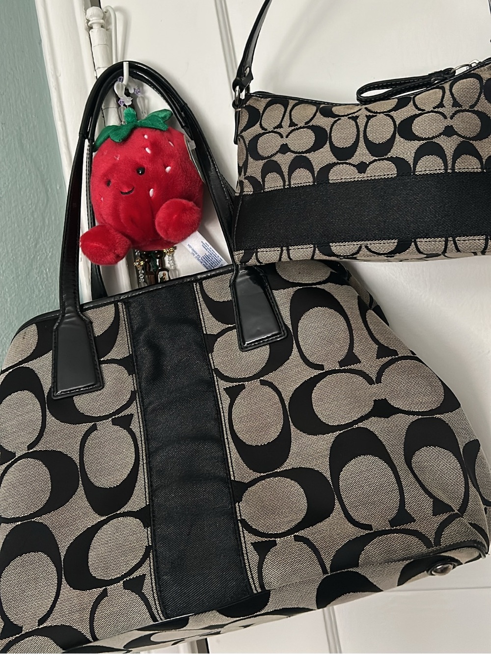 Vintage Coach Signature Black and Grey Tote with Matching Shoulder Bag